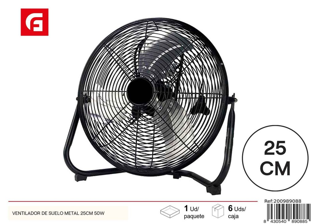 Ventilador de suelo metálico 25cm 50W para ventilación y enfriamiento