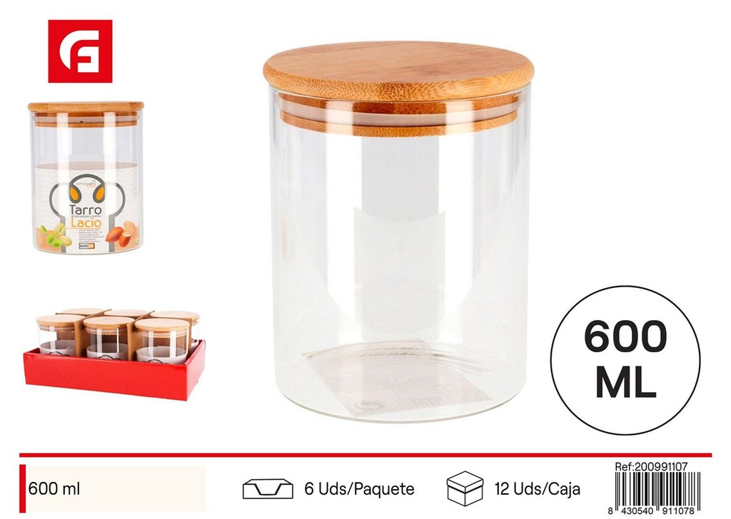 Tarro de borosilicato 600ml con tapa de bambú para almacenamiento de alimentos