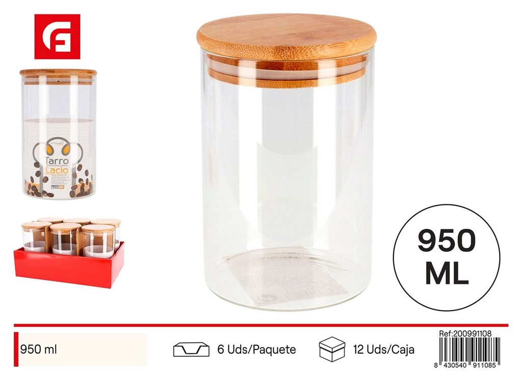 Tarro de borosilicato 950ml con tapa de bambú