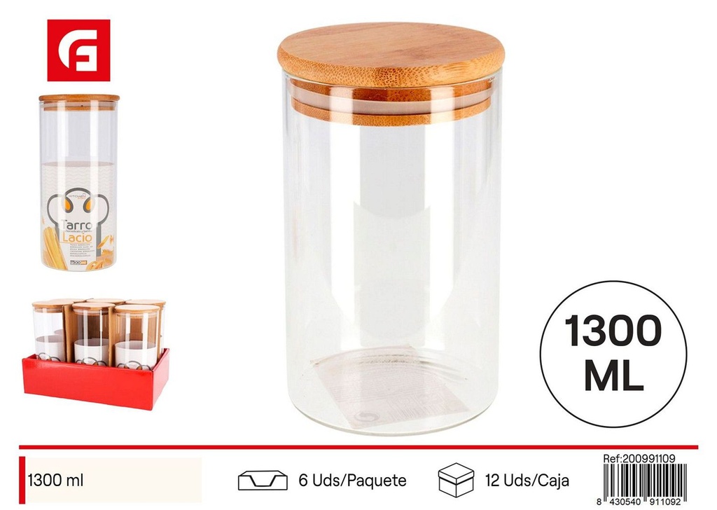 Tarro borosilicato 1300ml con tapa de bambú para almacenamiento