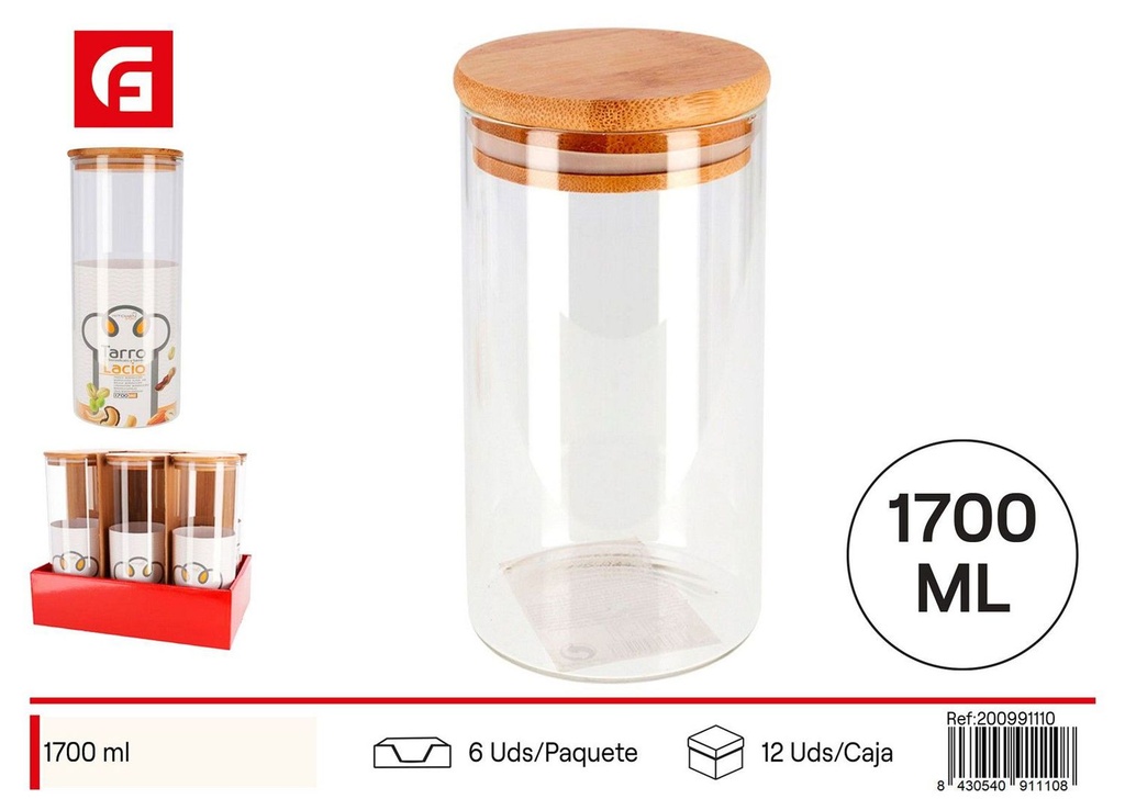 Tarro de borosilicato 1700ml con tapa de bambú para alimentos