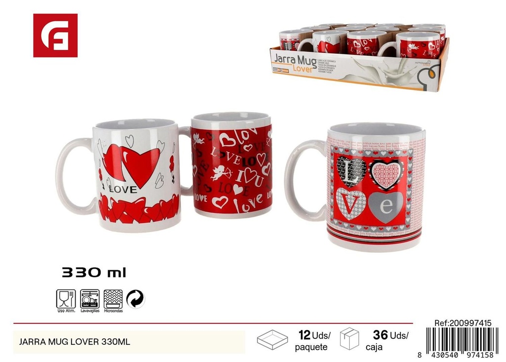 Jarra mug de cerámica 330ml con diseño Lover para bebidas