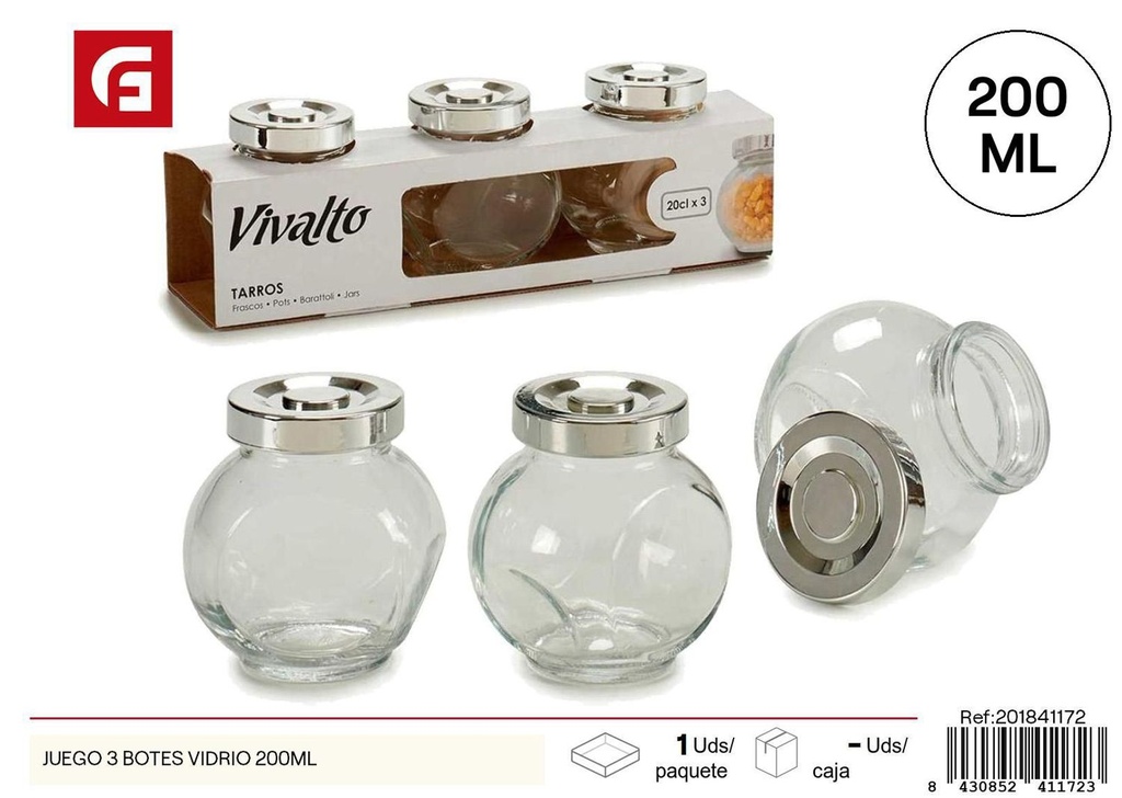 Set de 3 botes de vidrio 200ml para almacenamiento