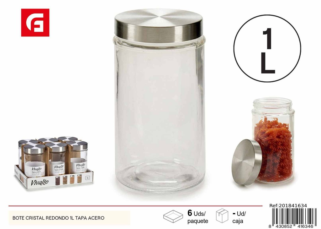  Bote redondo de cristal de 1 L con tapa de acero - Almacenamiento de alimentos