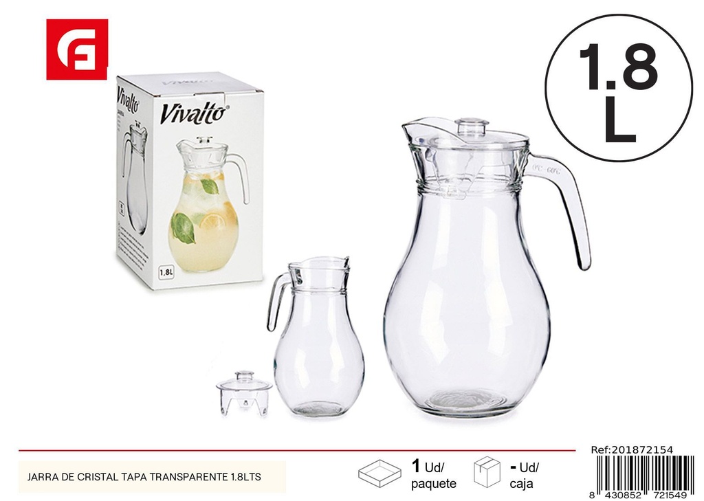Jarra de vidrio con tapa transparente 1.8L - Utensilios de cocina