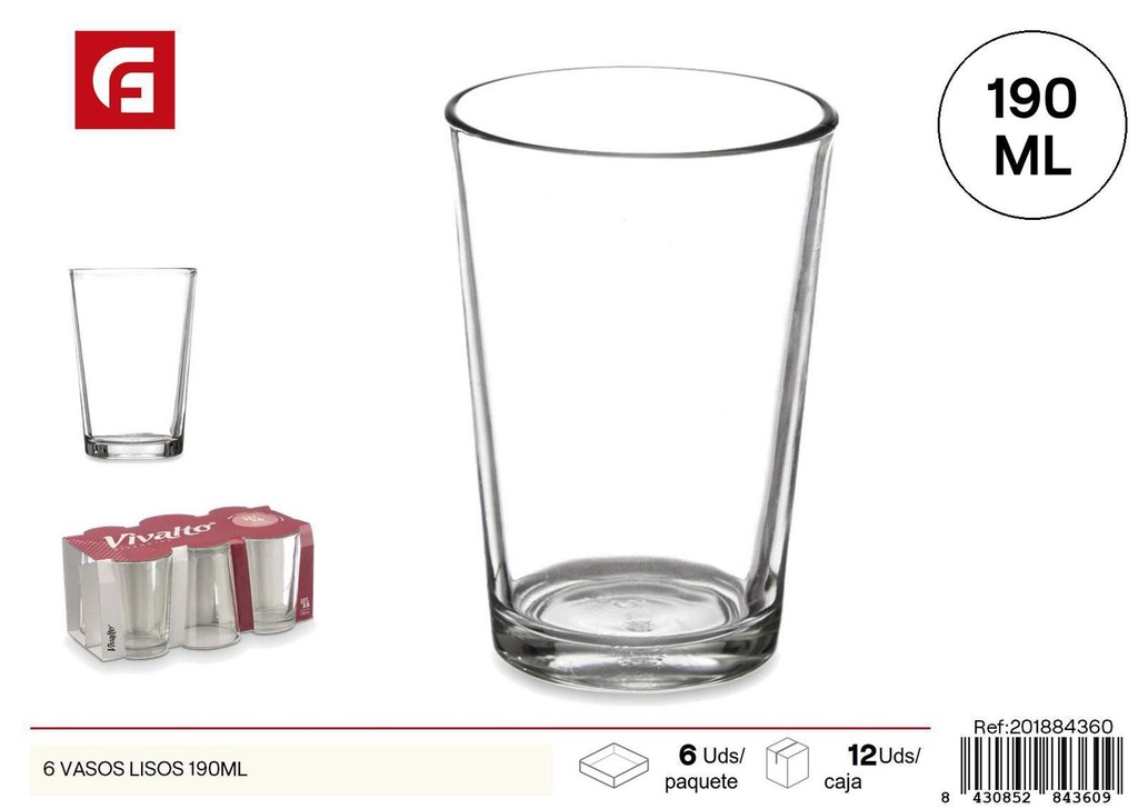 Vasos de vidrio lisos 190ml 6pcs para uso diario y fiestas