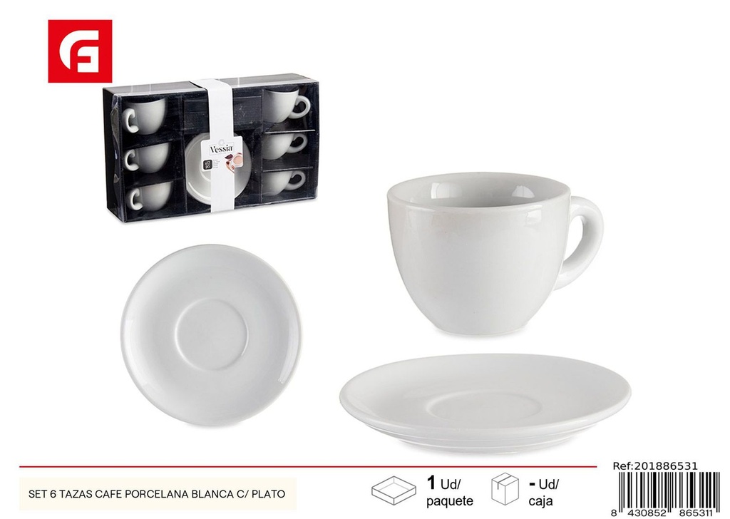 Set de 6 tazas de café de porcelana blanca con plato para servir