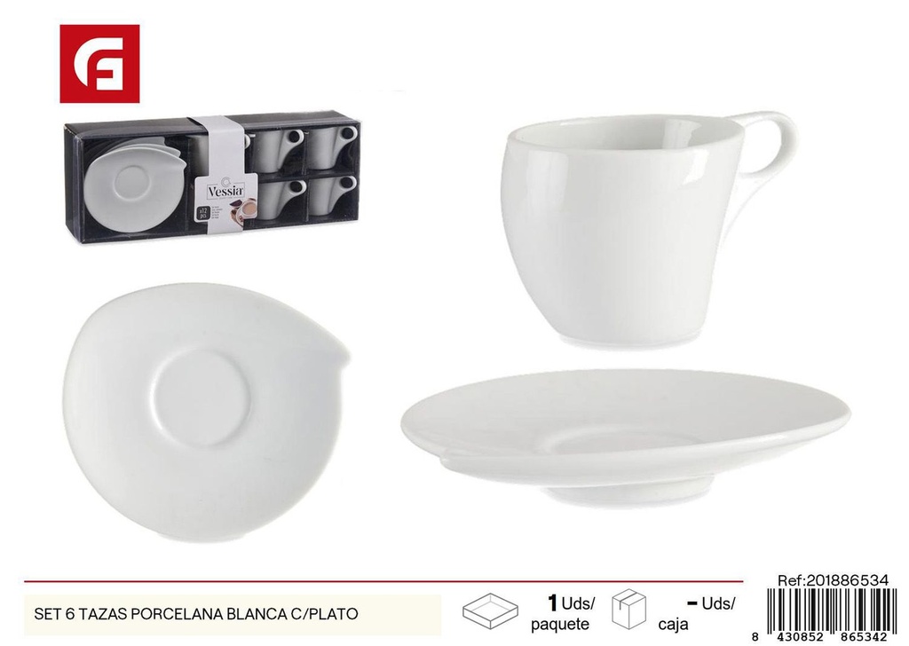 Set de 6 tazas de porcelana blanca con plato