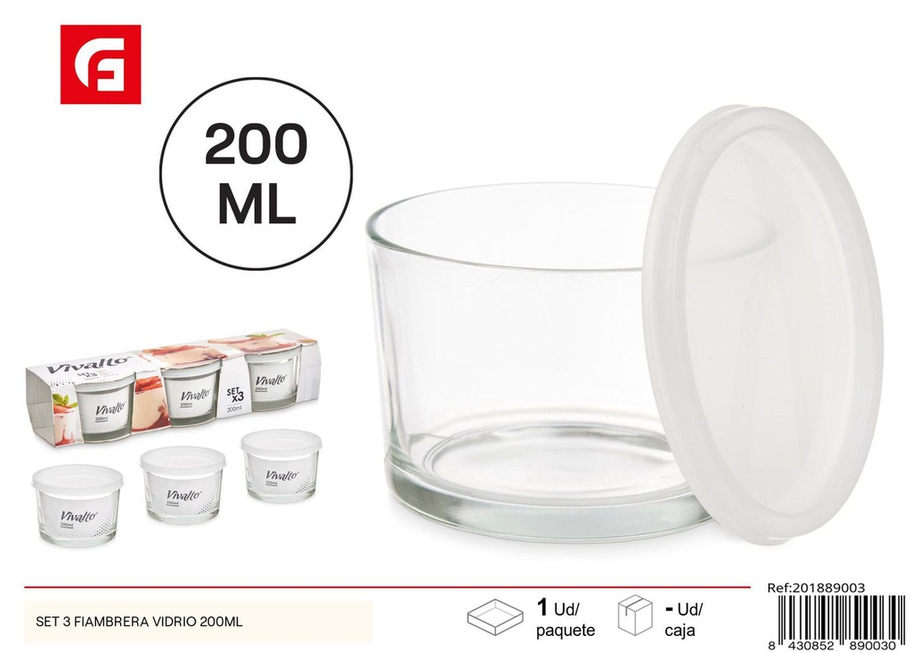 Set de 3 fiambreras de vidrio 200ml para almacenamiento de alimentos