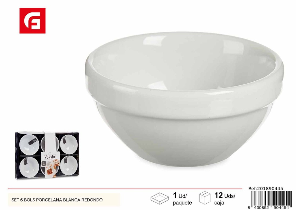 Set 6 bols de porcelana blanca redondos para cocina