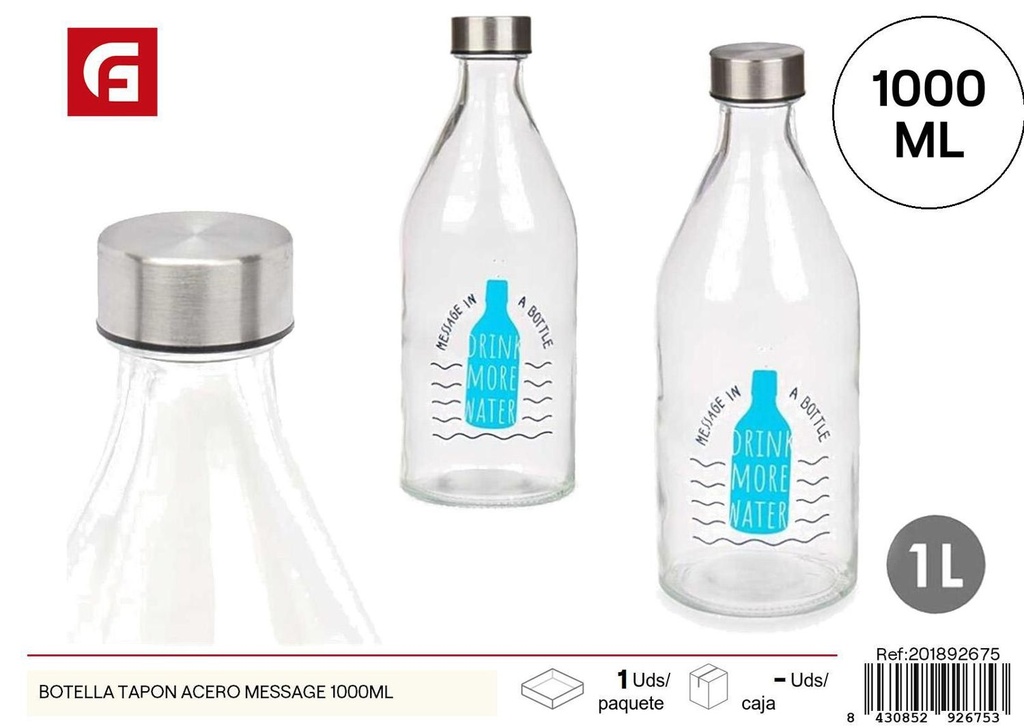 Botella de vidrio con tapón de acero 1000ml para almacenar líquidos