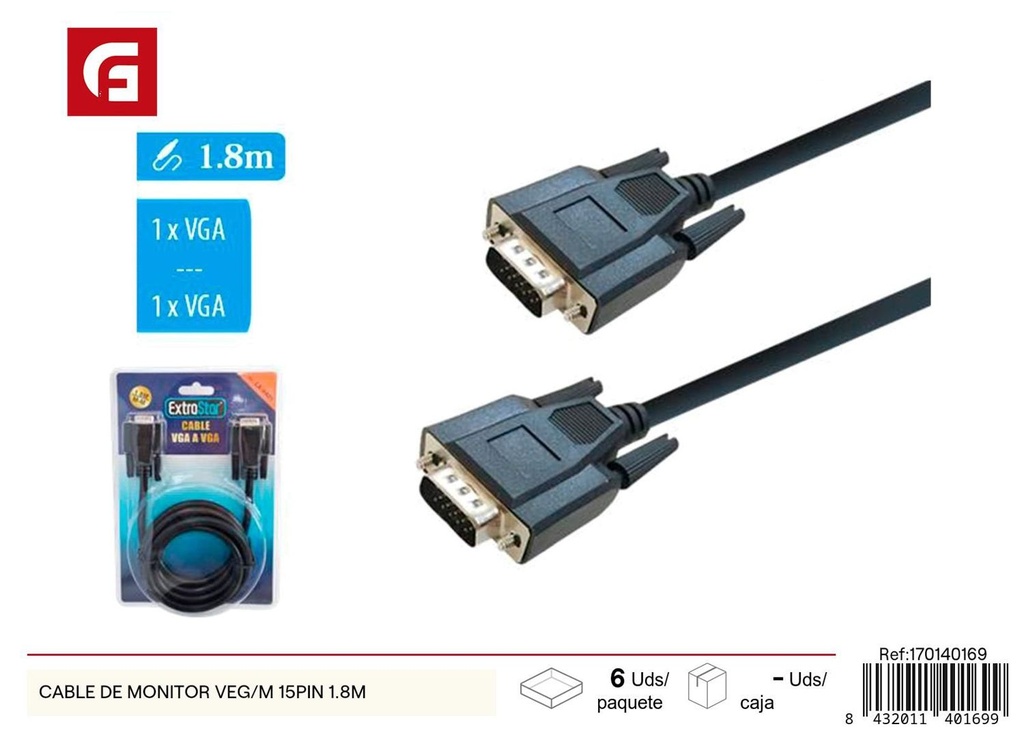 Cable de monitor VGA/M 15pin 1.8m para conexión de pantallas