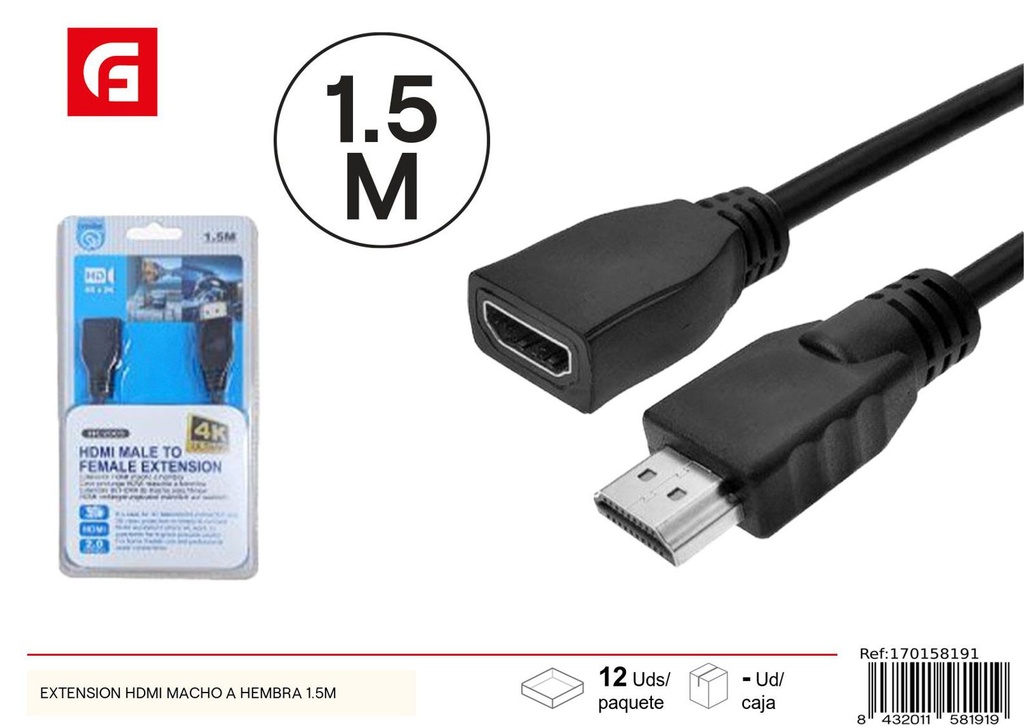 Extensión HDMI macho a hembra 1.5m para dispositivos electrónicos