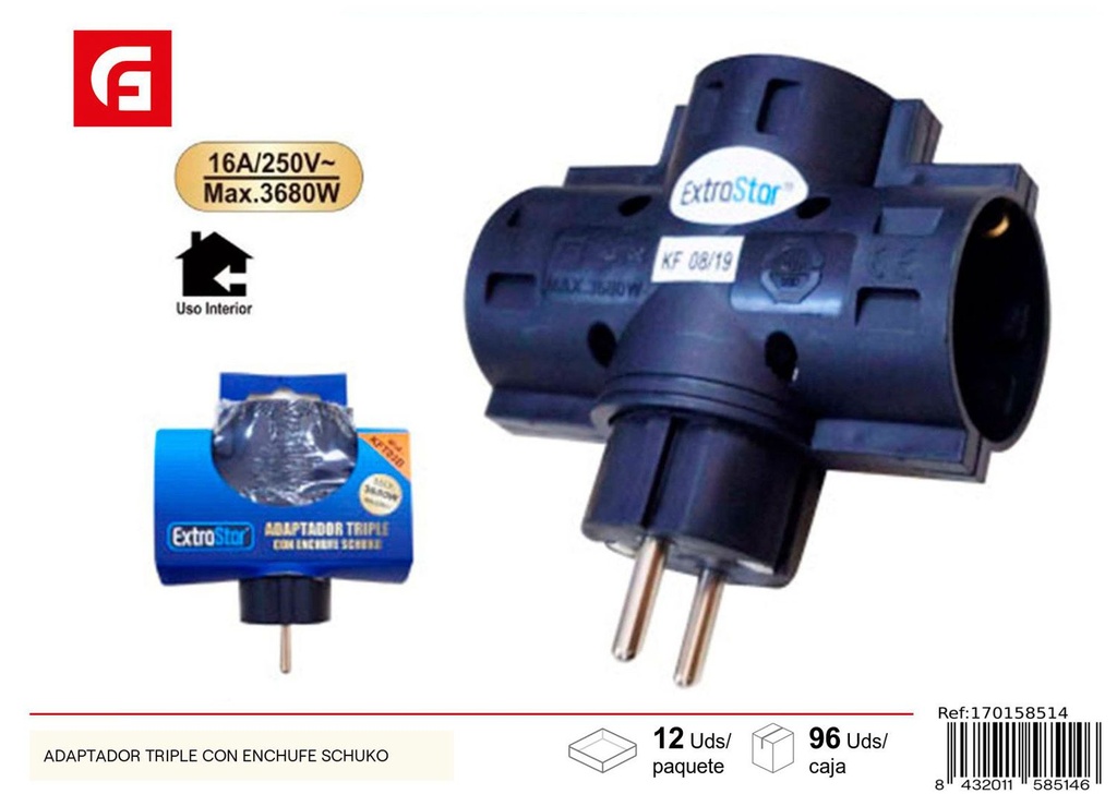 Adaptador triple con enchufe Schuko para electricidad