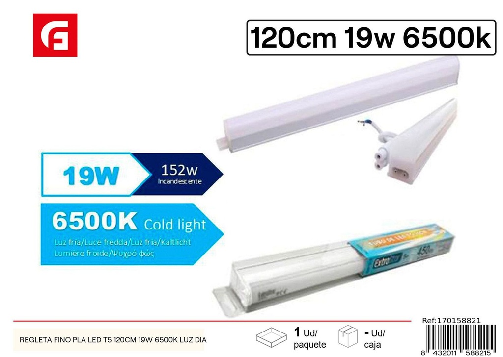 Regleta LED T5 120cm 19W 6500K luz día para iluminación