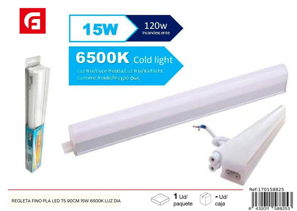 Regleta LED T5 90cm 15W 6500K luz día para iluminación