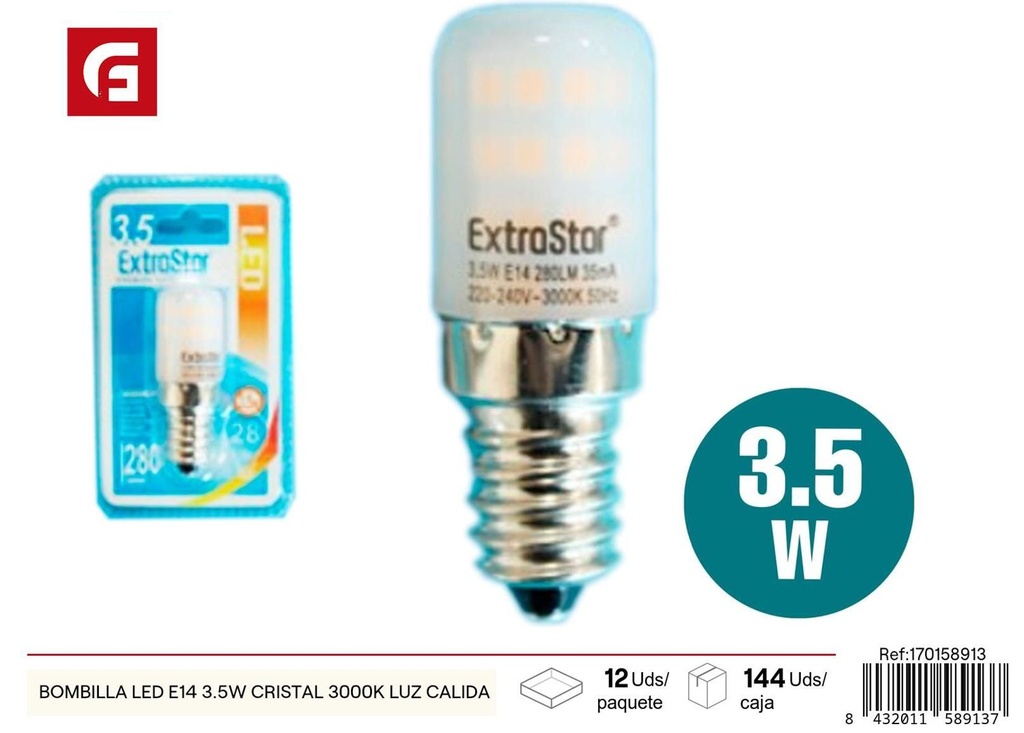 Bombilla LED E14 3.5W cristal 3000K luz cálida para iluminación