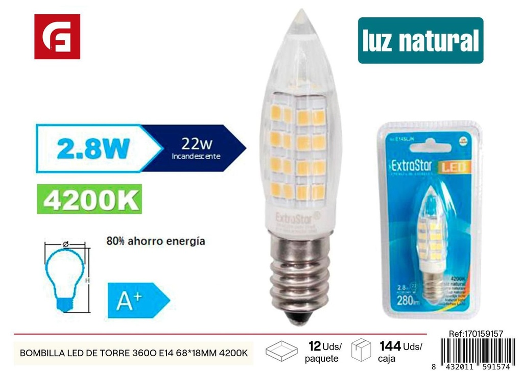 Bombilla LED de torre 360º E14 68x18mm 4200K - Iluminación eficiente