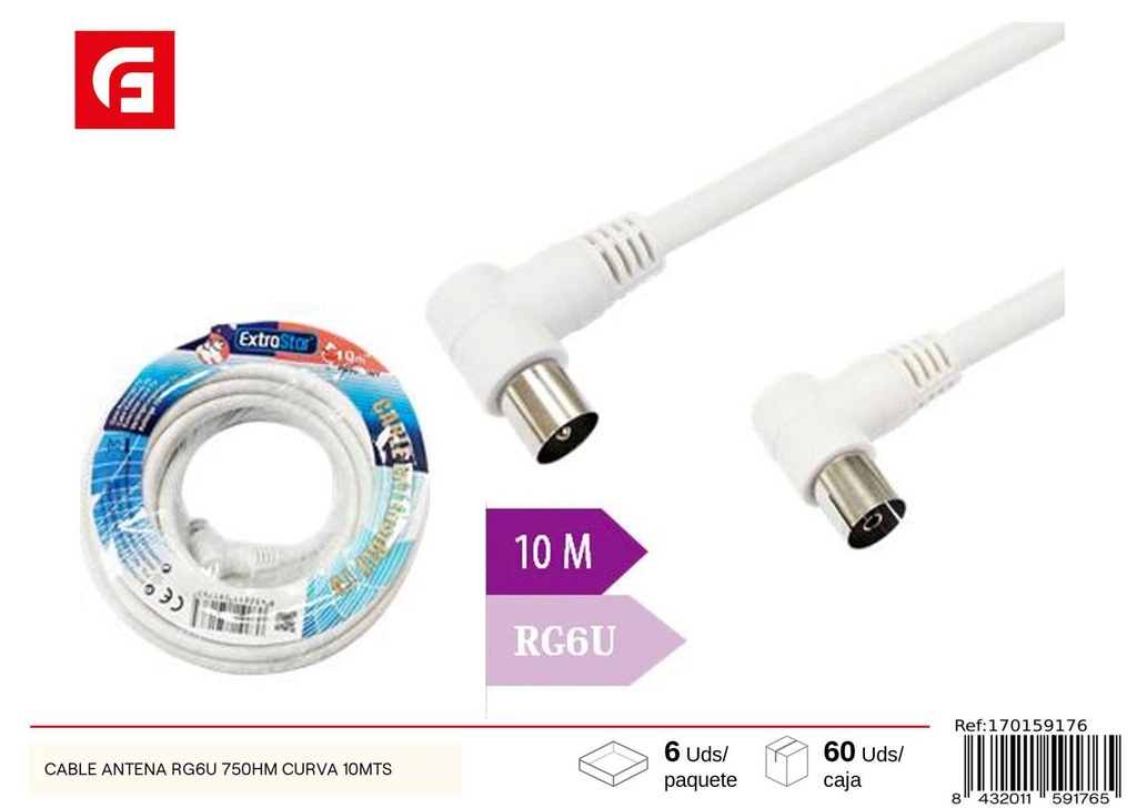 Cable de antena RG6U 750HM curva 10m para televisión