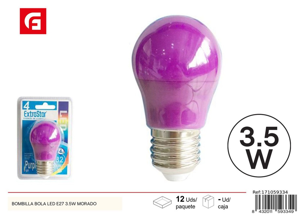 Bombilla bola LED E27 3.5W morado para iluminación