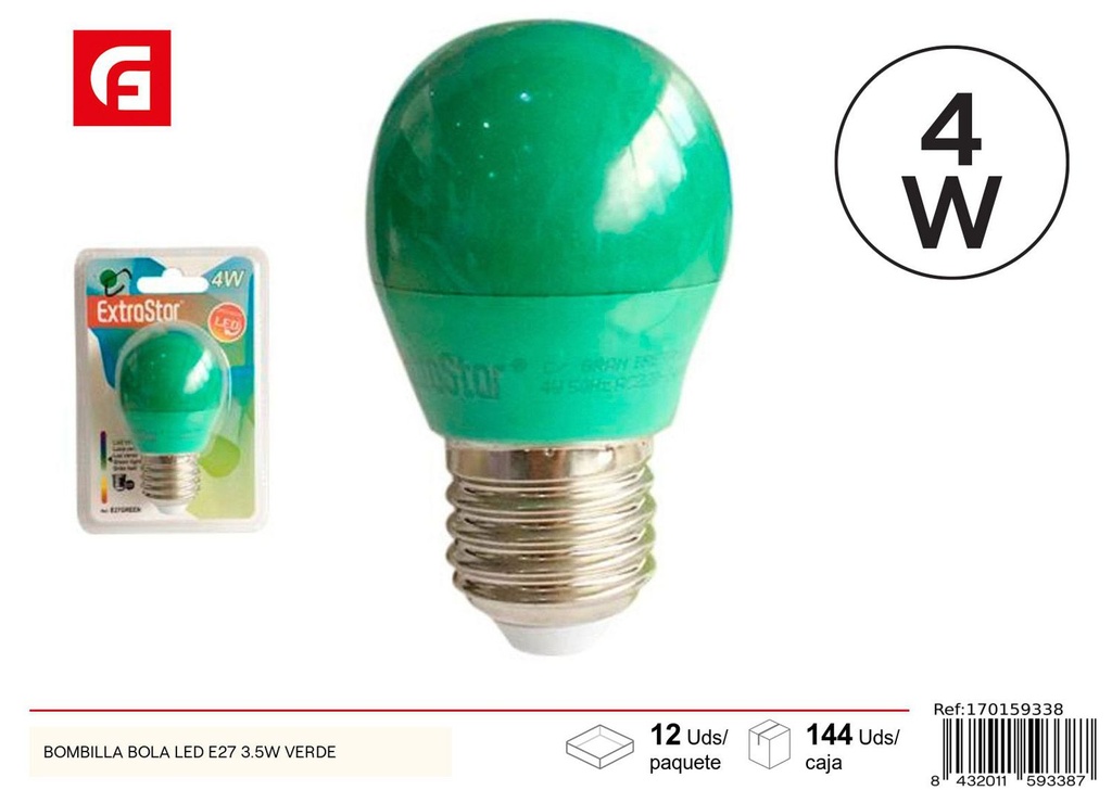 Bombilla bola LED E27 3.5W verde para iluminación