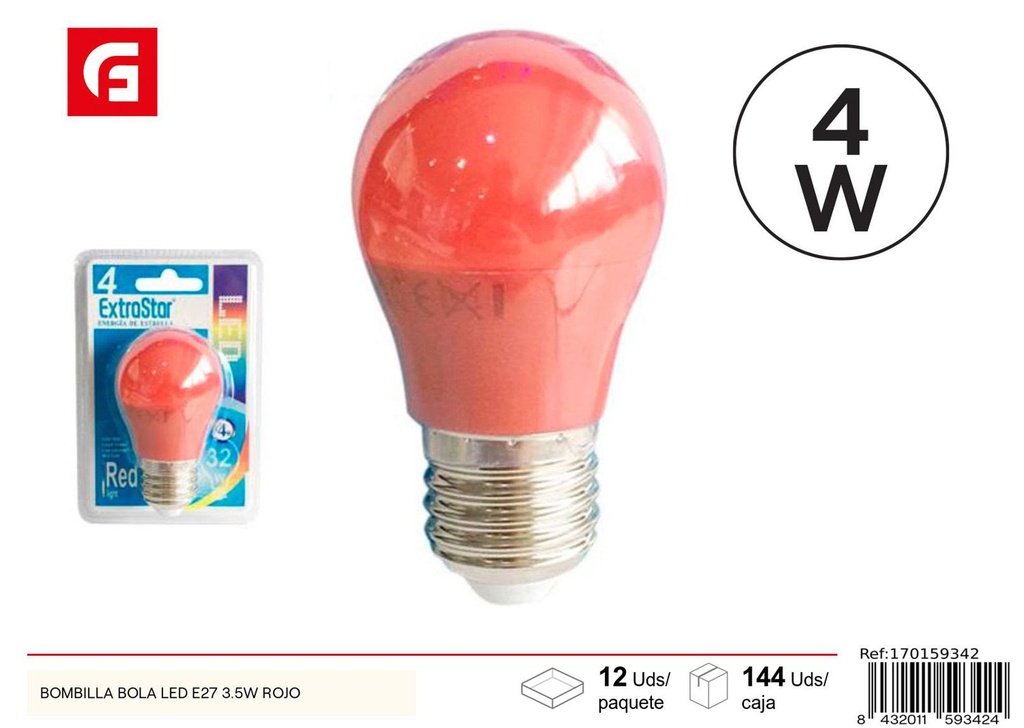 Bombilla bola LED E27 3.5W rojo para iluminación