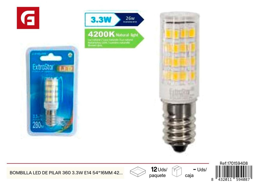 Bombilla LED de pilar 360 3.3W E14 54*16MM 4200K para iluminación