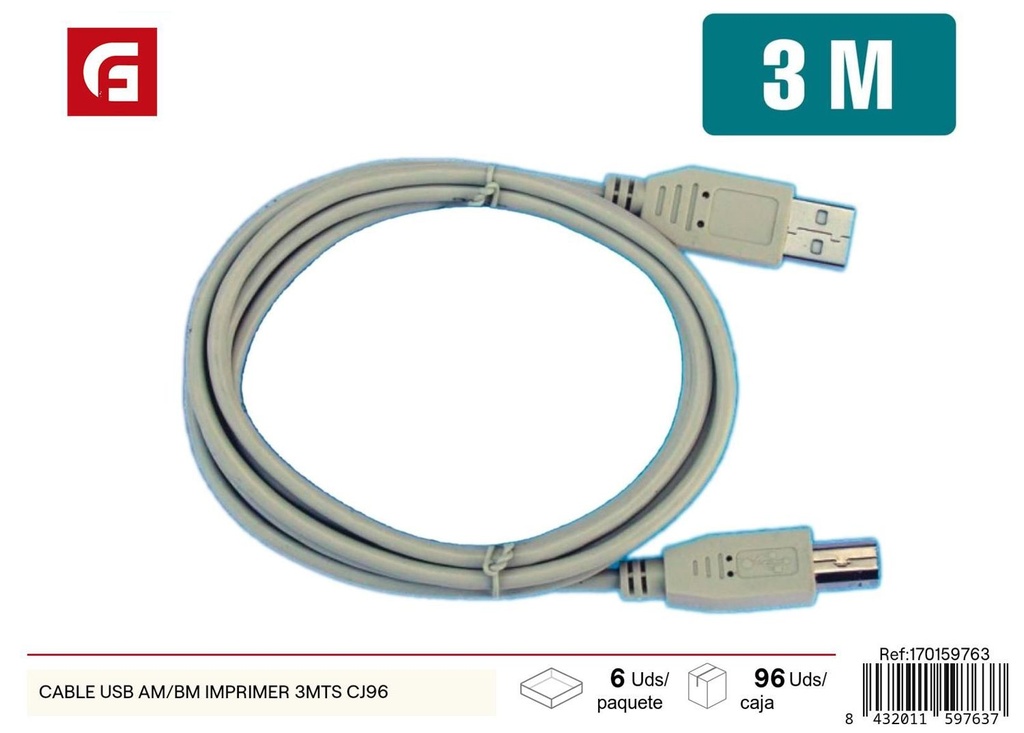 Cable USB AM/BM impresora 3 metros para conexión de dispositivos