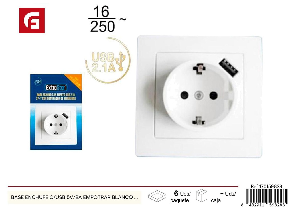 Base de enchufe con USB 5V/2A empotrar blanco CJ72