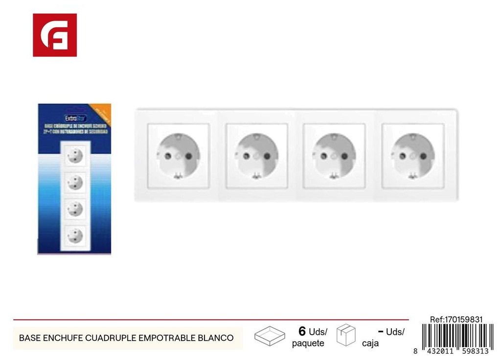 Base enchufe cuádruple empotrable blanco para instalaciones eléctricas