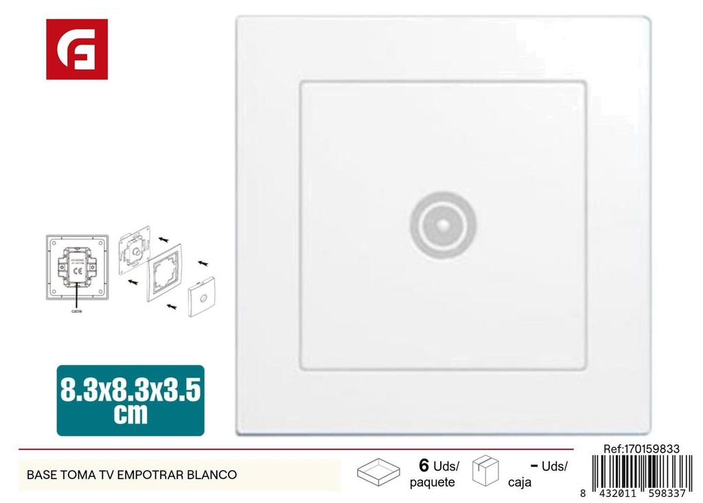 Base toma TV empotrar blanco para instalación eléctrica