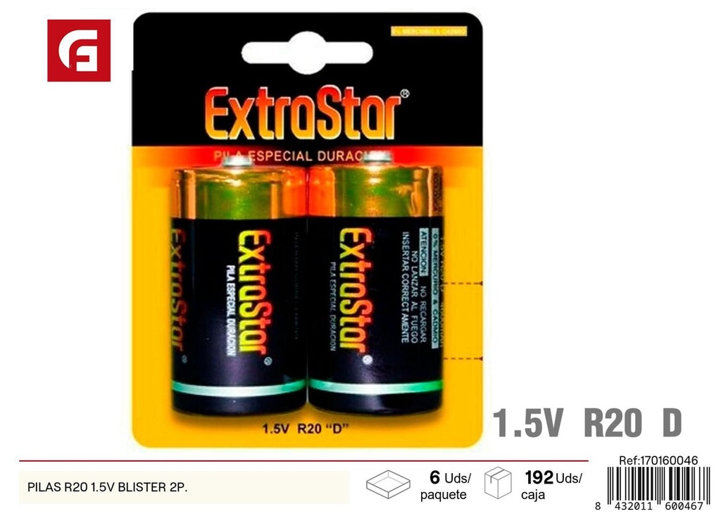 Pilas R20 1.5V blister 2 piezas para dispositivos electrónicos