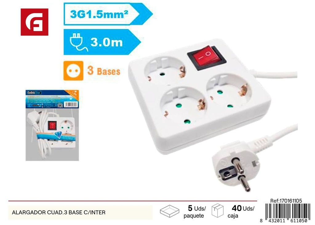 Alargador cuadrado 3 bases con interruptor para conexión eléctrica