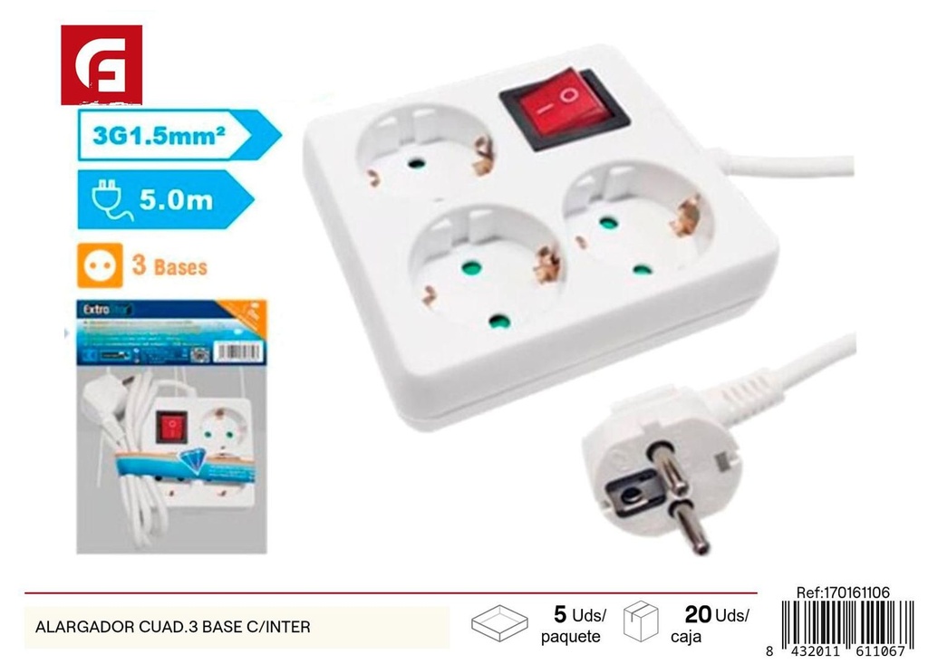 Alargador cuadrado 3 bases con interruptor - Suministros eléctricos