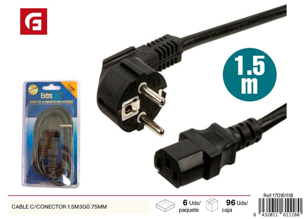 Cable con conector 1.5m 3G0.75mm para electricidad