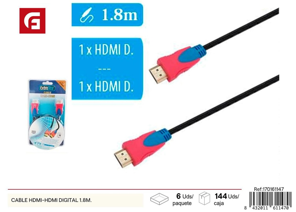 Cable HDMI-HDMI digital 1.8m para conexiones