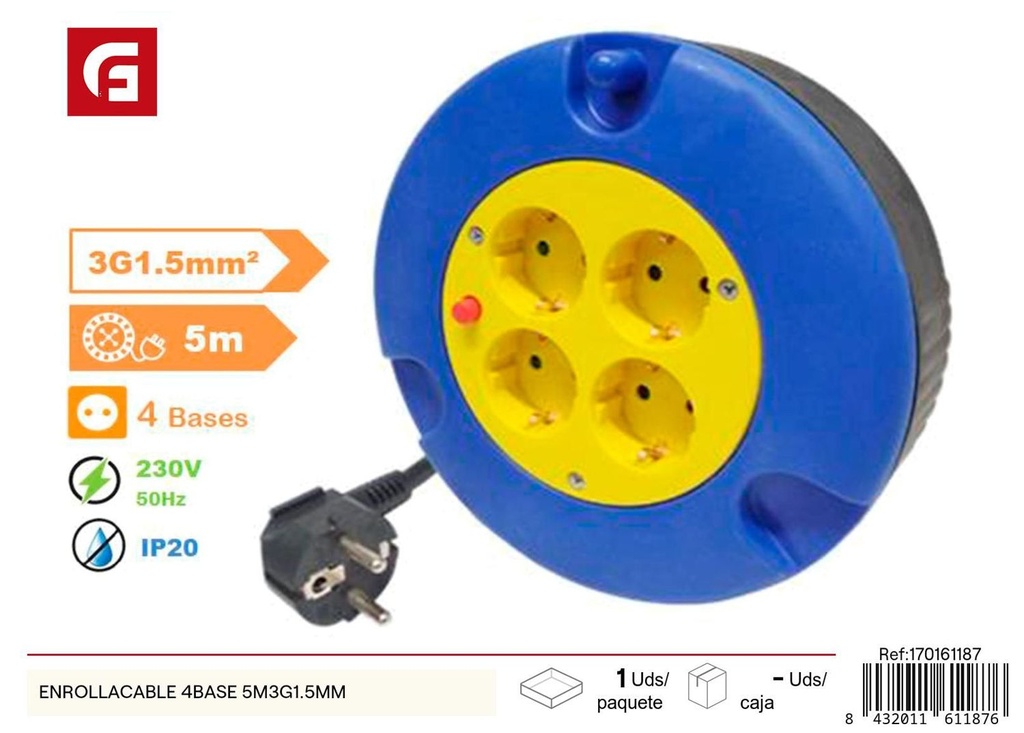 Enrollacable 4 bases 5m 3G1.5mm para suministros eléctricos