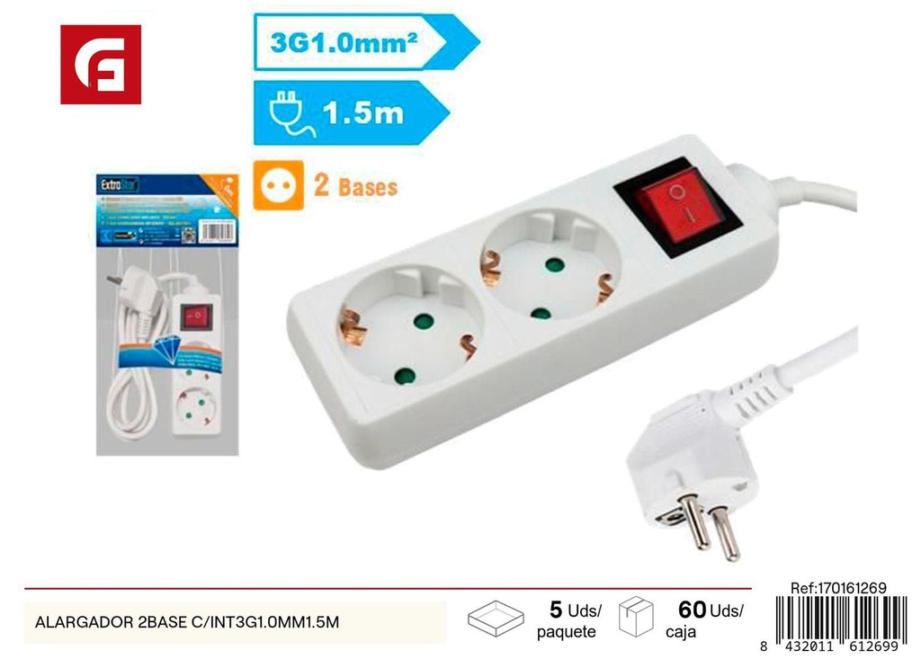 Alargador 2 bases con interruptor 3G1.0MM 1.5M - Suministros eléctricos