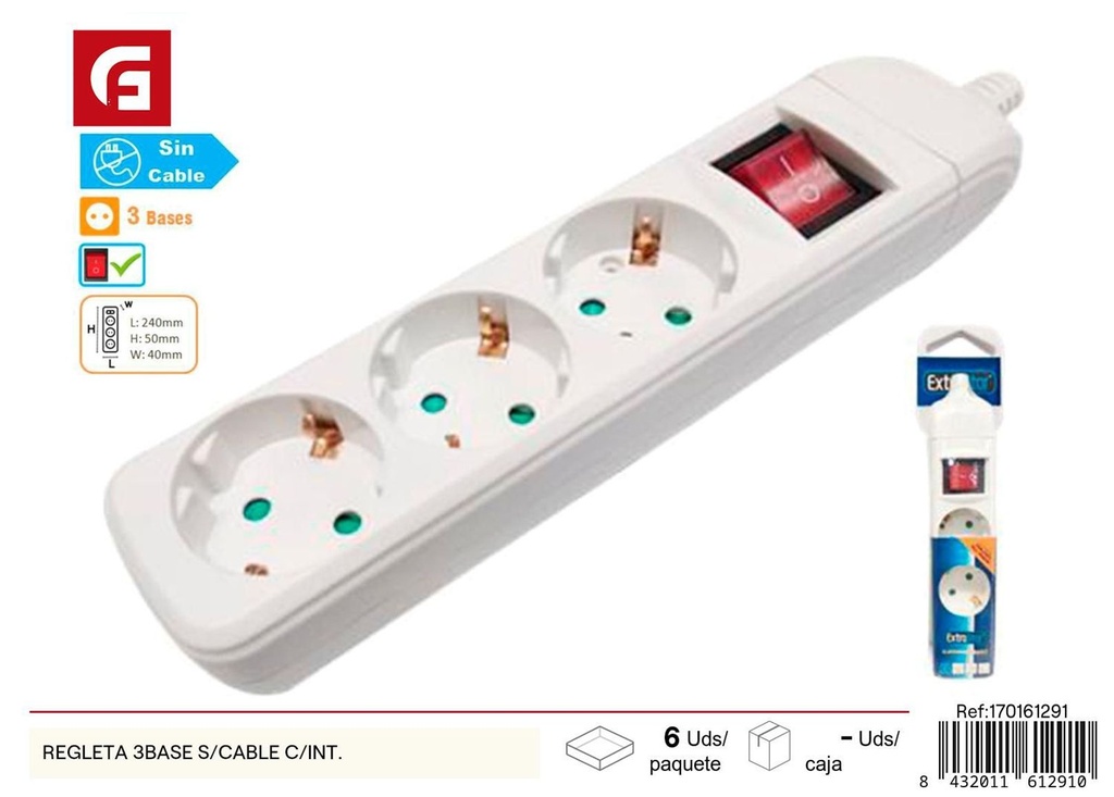 Regleta 3 bases sin cable con interruptor para electricidad