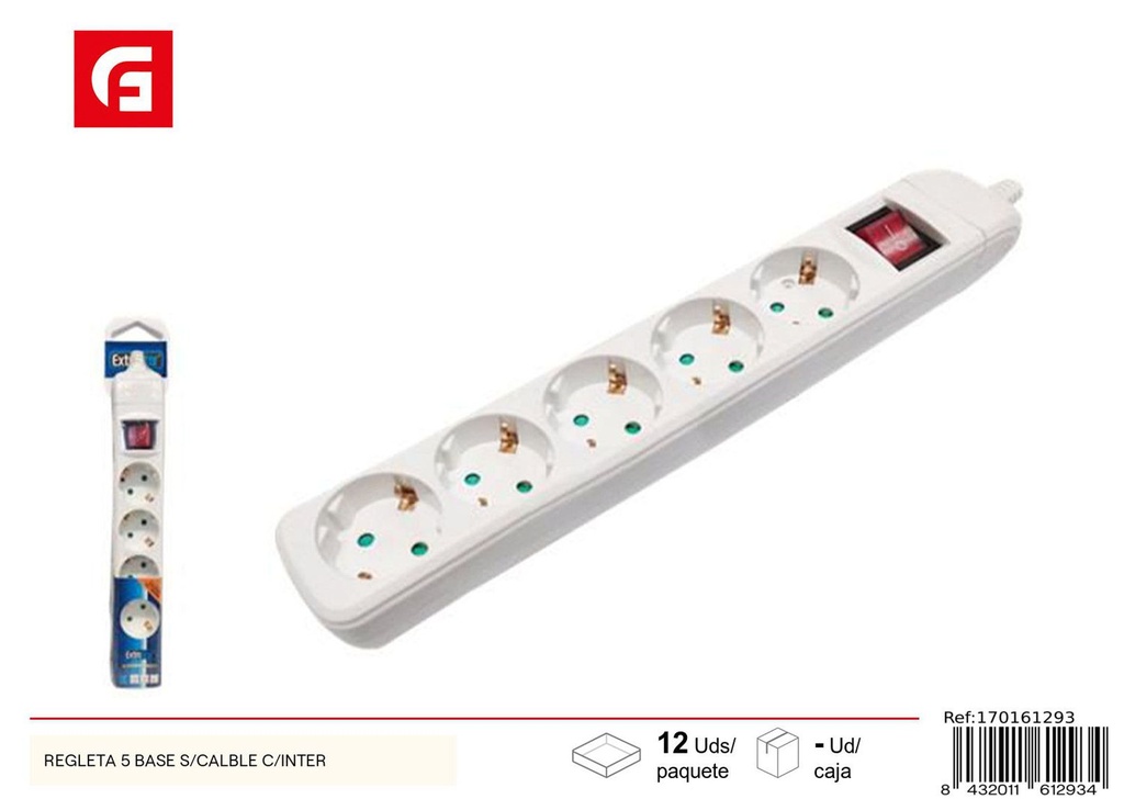 Regleta 5 bases sin cable con interruptor para suministros eléctricos