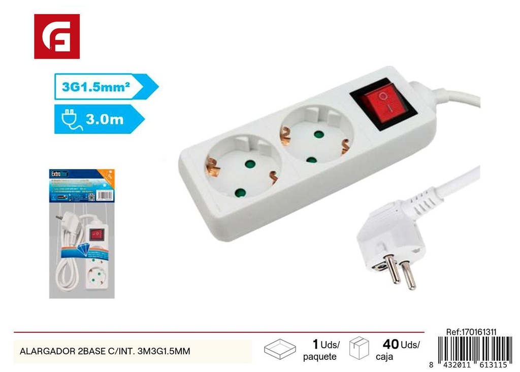 Alargador con 2 bases y interruptor 3m 3G1.5mm para conexiones eléctricas