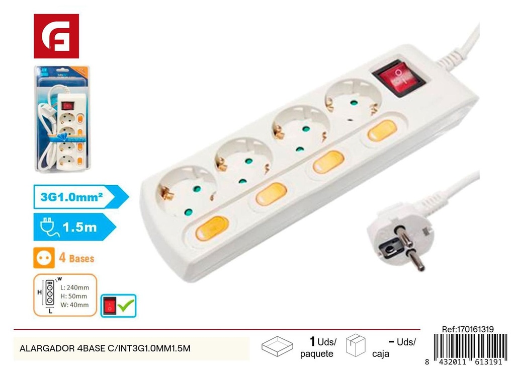 Alargador de 4 bases con interruptor 1m 1.5m