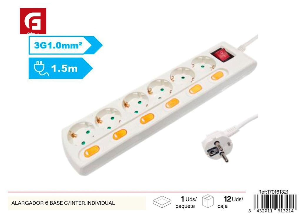 Regleta alargadora con 6 bases e interruptor individual