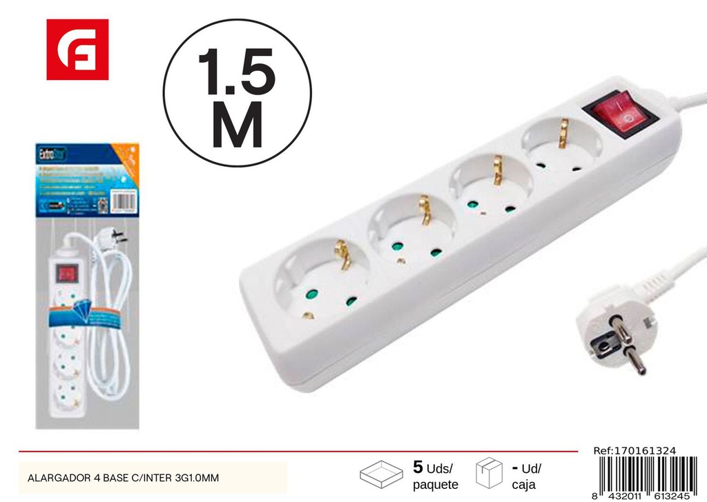 Alargador 4 bases con interruptor 3G1.0mm para suministros eléctricos