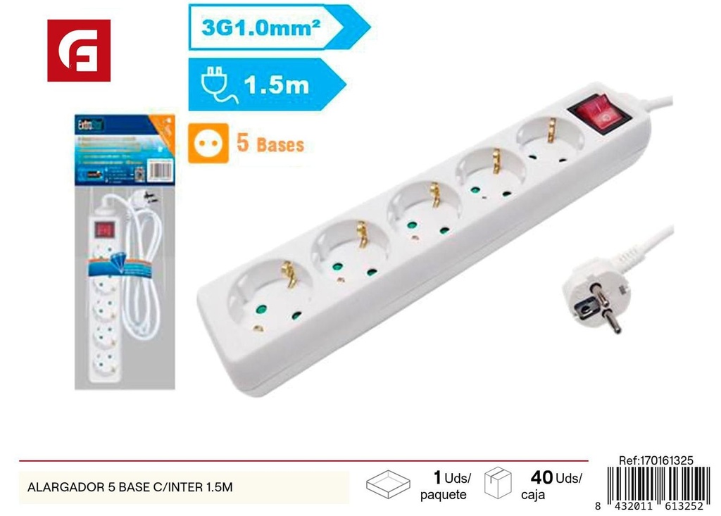 Alargador 5 bases con interruptor 1.5m - Suministros eléctricos
