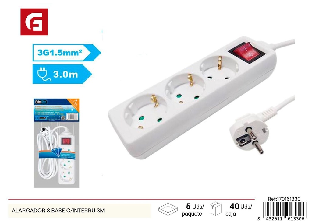 Alargador 3 bases con interruptor 3m