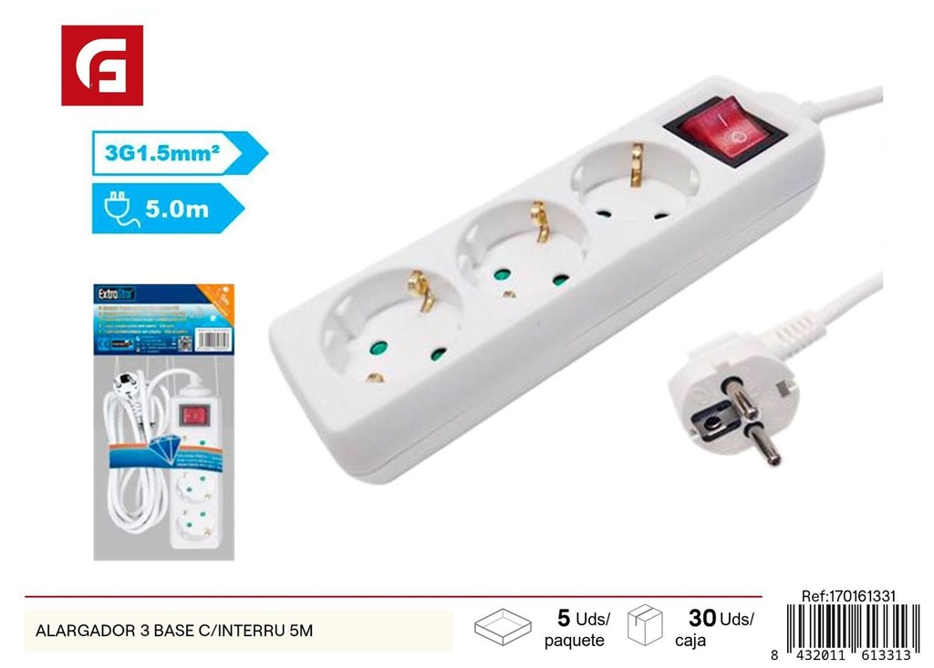 Alargador con 3 bases y interruptor 5m para conexiones eléctricas