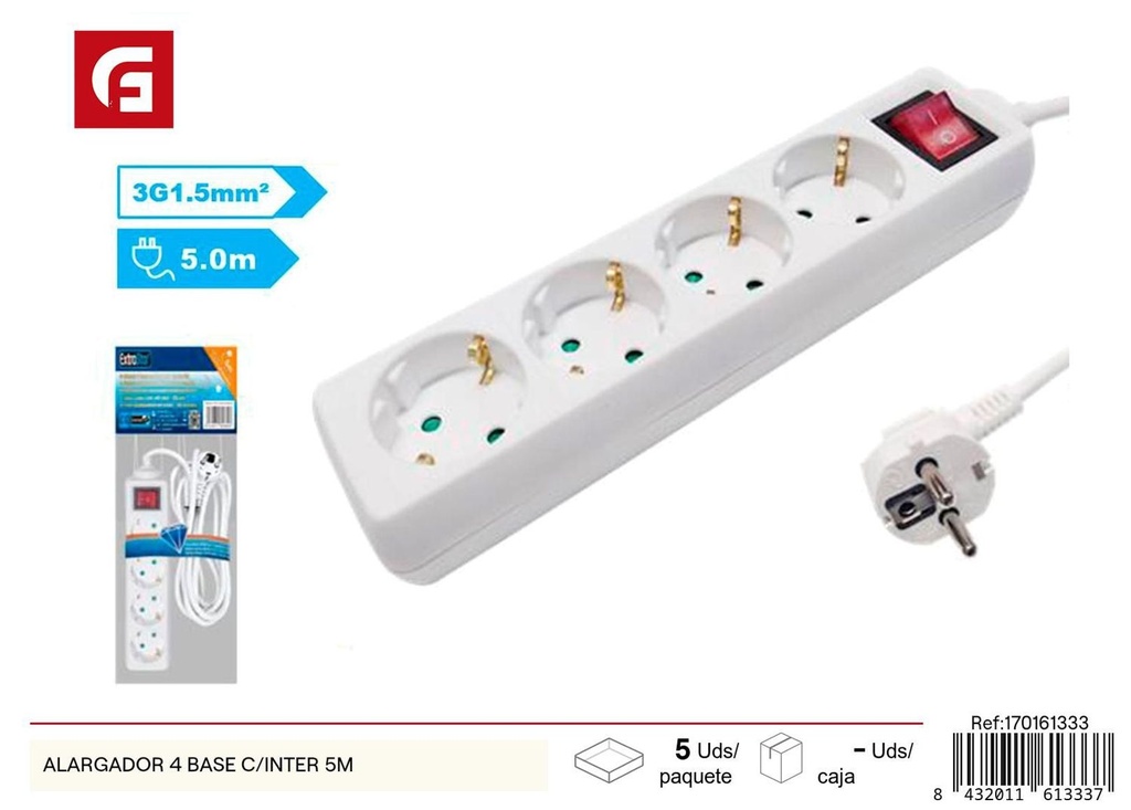 Alargador 4 bases con interruptor 5m