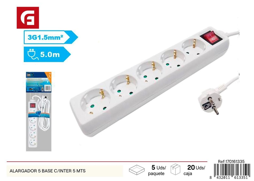 Alargador 5 bases con interruptor 5m para suministros eléctricos