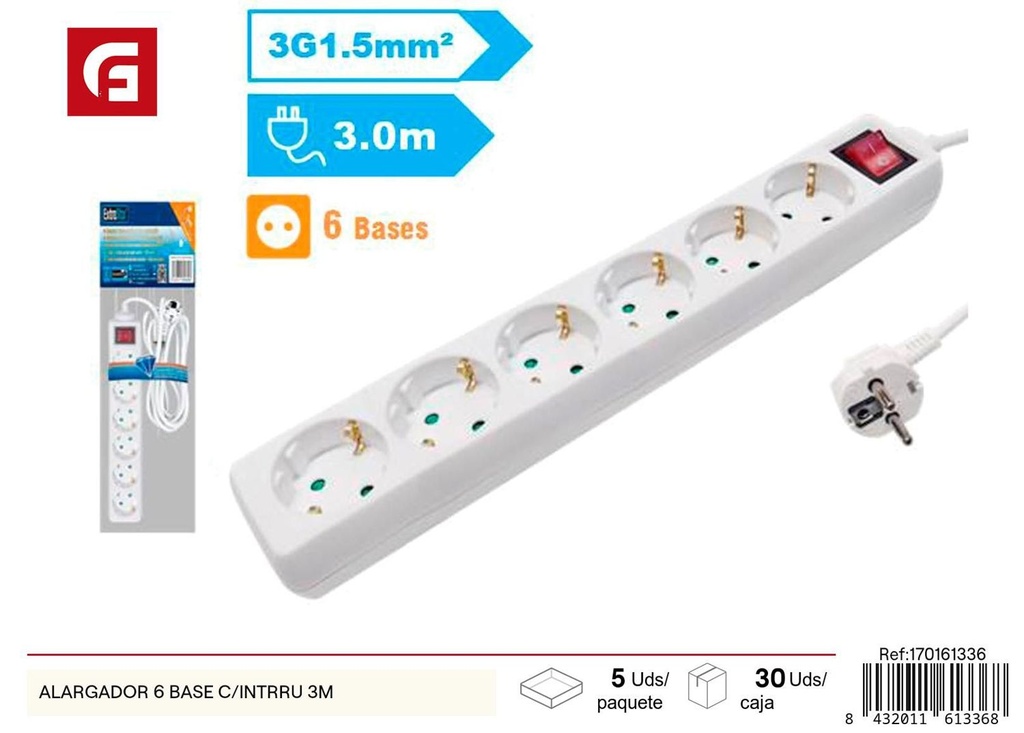 Alargador de 6 bases con interruptor 3m para electricidad